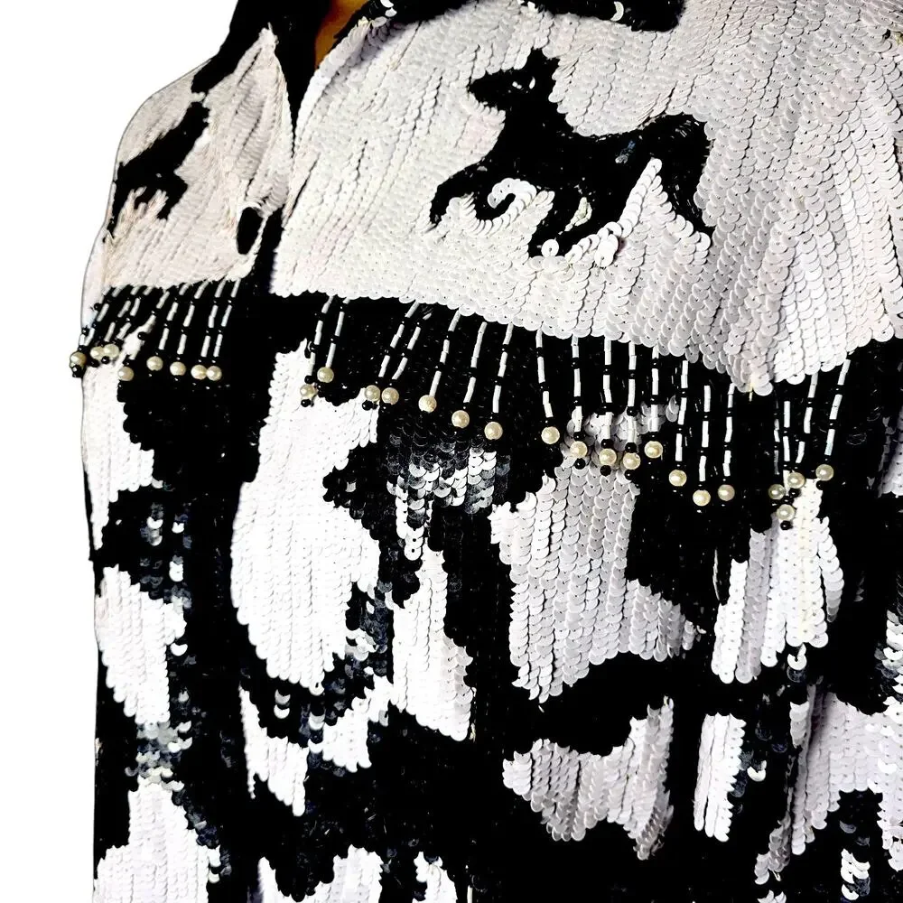 Vintage MODI Black White Silk Sequin Horse Western Fringe Art to Wear Jacket XL